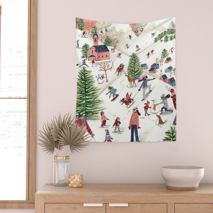 Skiing in snow mountains Wall Tapestry Gallery Image 2