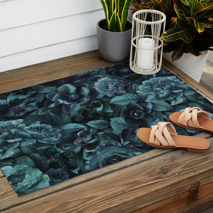 Lush Moody Flowers Baroque Teal Grandeur Outdoor Rug Gallery Image 2