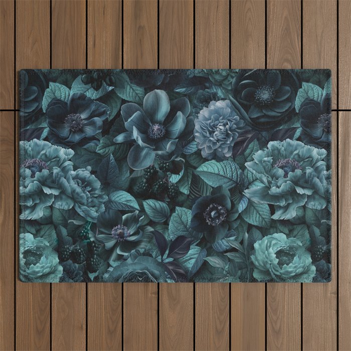 Lush Moody Flowers Baroque Teal Grandeur Outdoor Rug Gallery Image 1