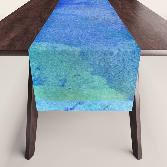 Hand painted abstract blue green watercolor brushstrokes Table Runner Gallery Image 1