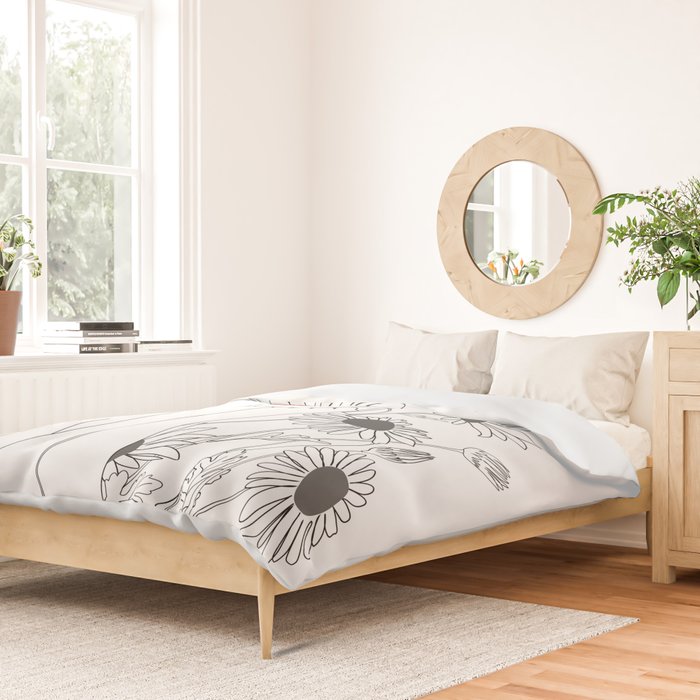 Minimal Line Art Girl with Sunflowers Duvet Cover Gallery Image 2