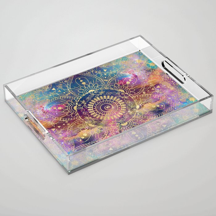 Gold watercolor and nebula mandala Acrylic Tray Gallery Image 1
