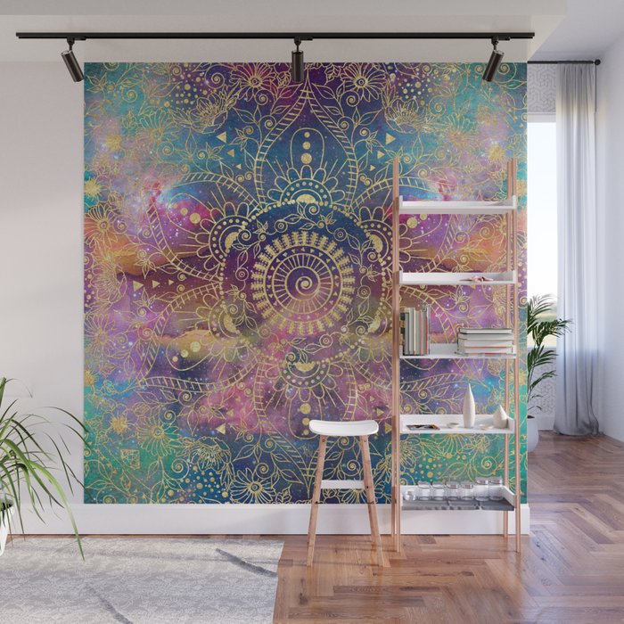 Gold watercolor and nebula mandala Wall Mural Gallery Image 1