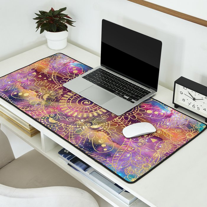 Gold watercolor and nebula mandala Desk Mat Gallery Image 2