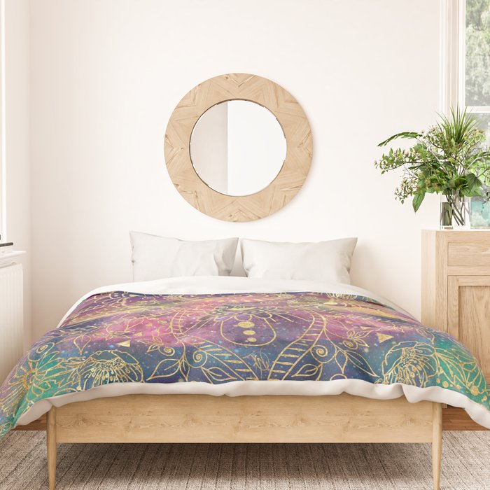 Gold watercolor and nebula mandala Duvet Cover Gallery Image 3