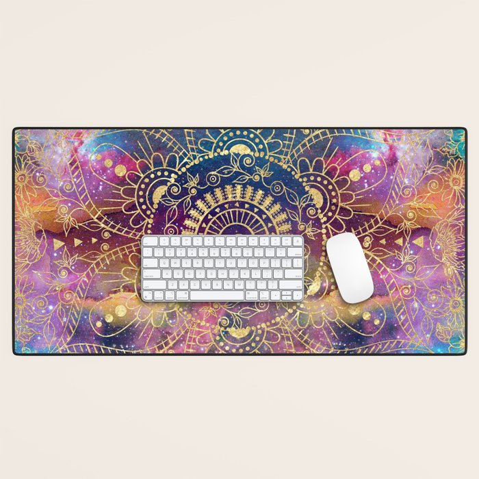 Gold watercolor and nebula mandala Desk Mat Gallery Image 1