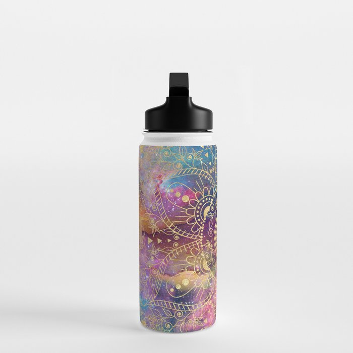 Gold watercolor and nebula mandala Water Bottle Gallery Image 3