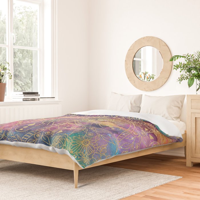 Gold watercolor and nebula mandala Duvet Cover Gallery Image 2