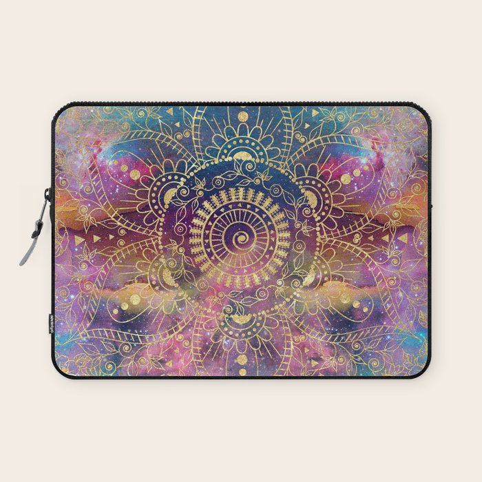 Gold watercolor and nebula mandala Laptop Sleeve Gallery Image 1