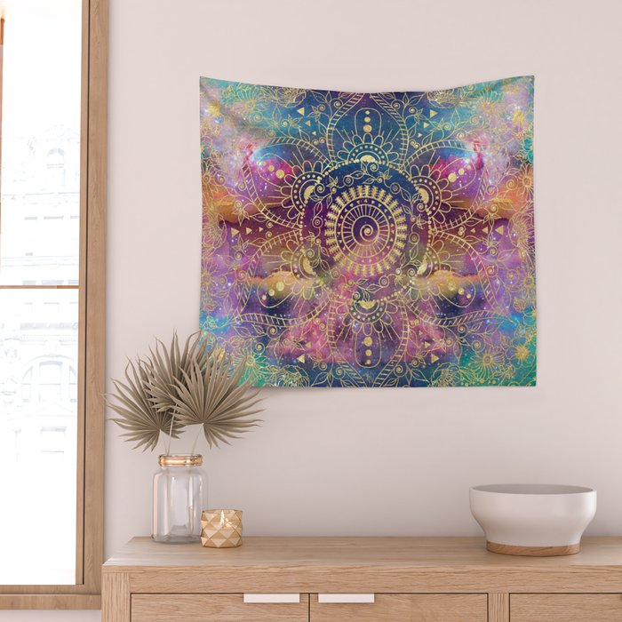 Gold watercolor and nebula mandala Wall Tapestry Gallery Image 2