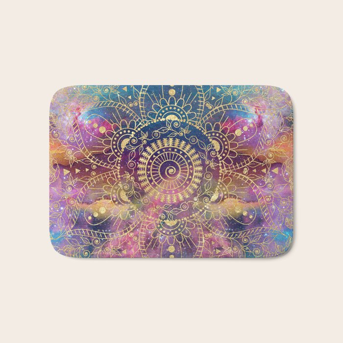 Gold watercolor and nebula mandala Bath Mat Gallery Image 1