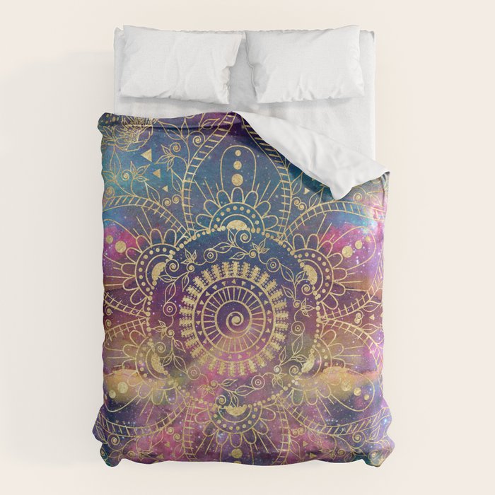Gold watercolor and nebula mandala Duvet Cover Gallery Image 6