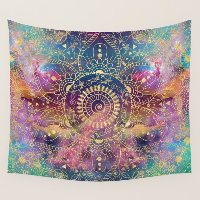 Gold watercolor and nebula mandala Wall Tapestry