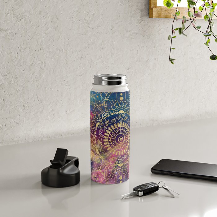 Gold watercolor and nebula mandala Water Bottle Gallery Image 4