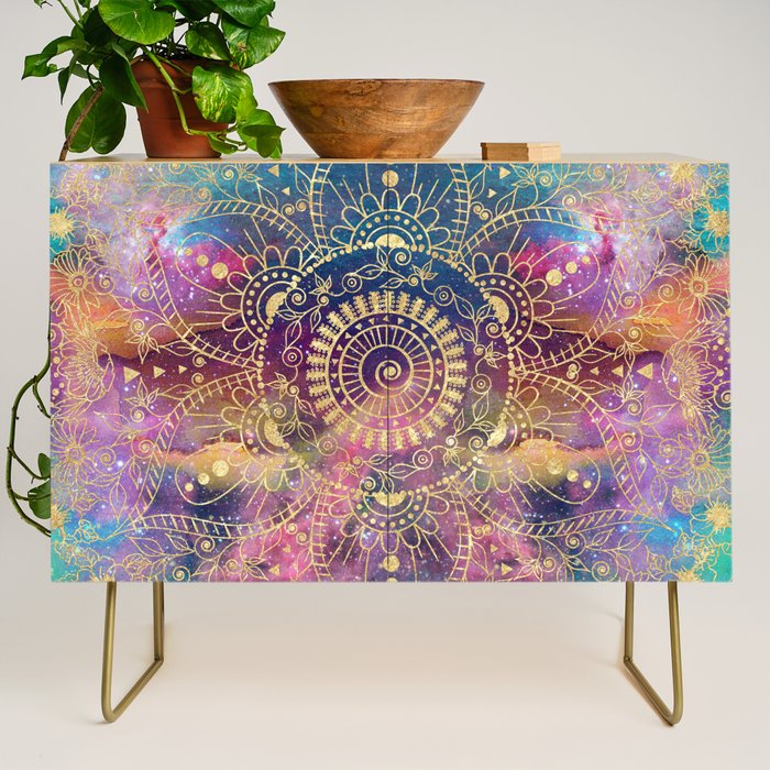 Gold watercolor and nebula mandala Credenza Gallery Image 1