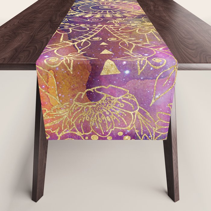 Gold watercolor and nebula mandala Table Runner Gallery Image 1