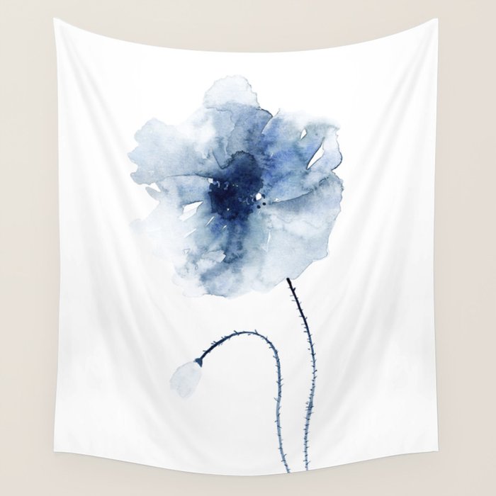 Blue Watercolor Poppies #2 Wall Tapestry Gallery Image 1