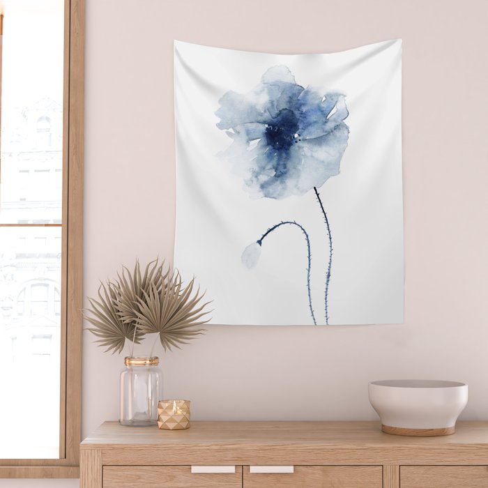Blue Watercolor Poppies #2 Wall Tapestry Gallery Image 2