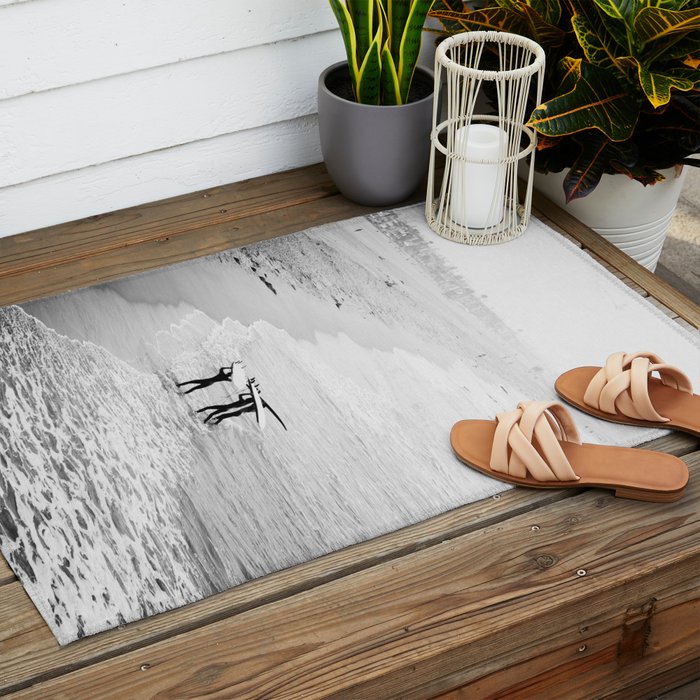 Surfers Exiting the Water in Manhattan Beach California Outdoor Rug Gallery Image 2