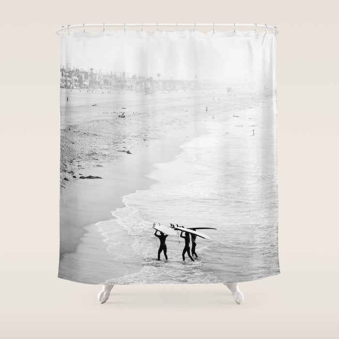 Surfers Exiting the Water in Manhattan Beach California Shower Curtain Gallery Image 1