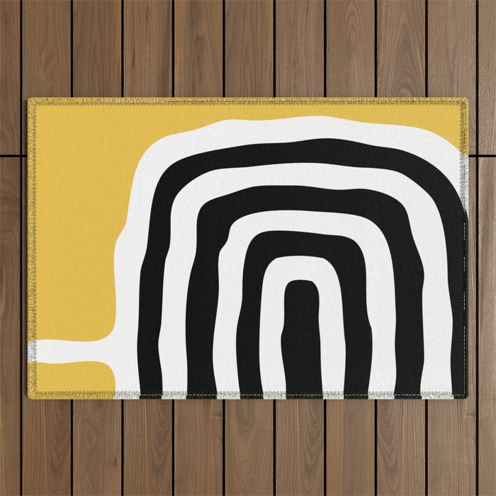 Mid Century Modern Atomic Rings 222 Yellow and Black Outdoor Rug Gallery Image 1