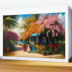 The Sunday Picnickers; tropical African American family landscape painting with flower blossoms and cottages  Wall Mural Gallery Image 2