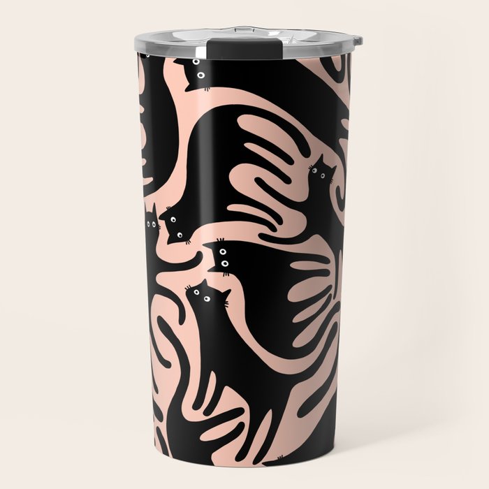 Curious Black Cats on Peachy Pink Travel Mug Gallery Image 1
