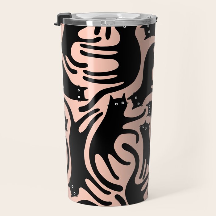 Curious Black Cats on Peachy Pink Travel Mug Gallery Image 3