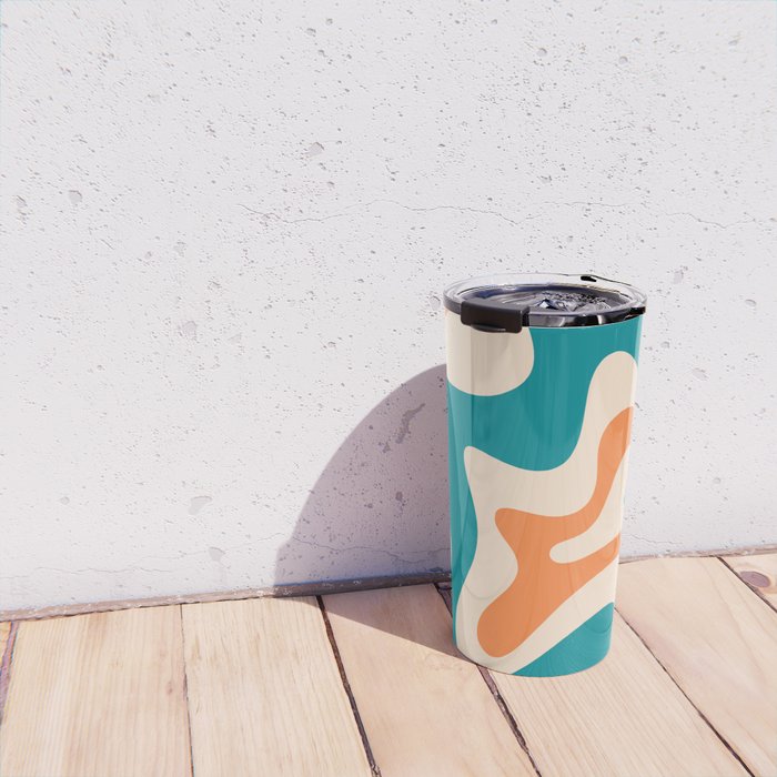 Retro Liquid Swirl Abstract Pattern Square in Teal Blue and Orange Travel Mug Gallery Image 4