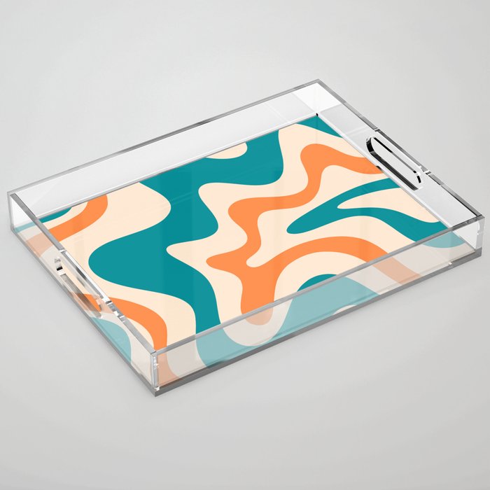 Retro Liquid Swirl Abstract Pattern Square in Teal Blue and Orange Acrylic Tray Gallery Image 1
