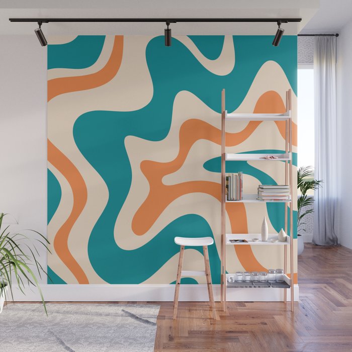 Retro Liquid Swirl Abstract Pattern Square in Teal Blue and Orange Wall Mural Gallery Image 1