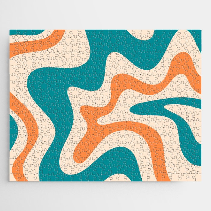 Retro Liquid Swirl Abstract Pattern Square in Teal Blue and Orange Jigsaw Puzzle Gallery Image 1