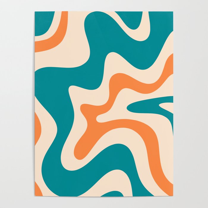 Retro Liquid Swirl Abstract Pattern Square in Teal Blue and Orange Poster Gallery Image 4