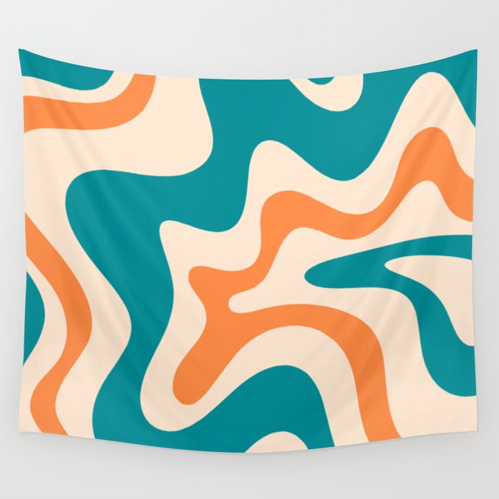 Retro Liquid Swirl Abstract Pattern Square in Teal Blue and Orange Wall Tapestry Gallery Image 4