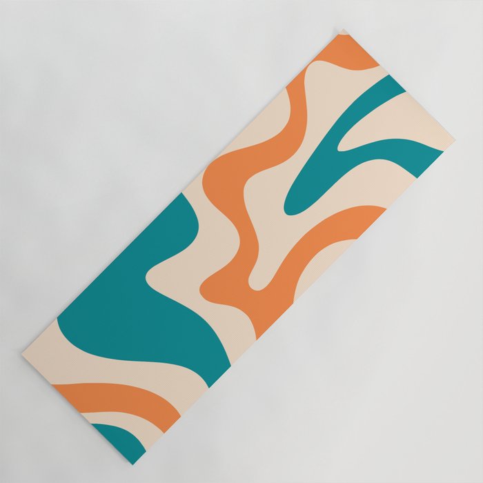 Retro Liquid Swirl Abstract Pattern Square in Teal Blue and Orange Yoga Mat Gallery Image 1