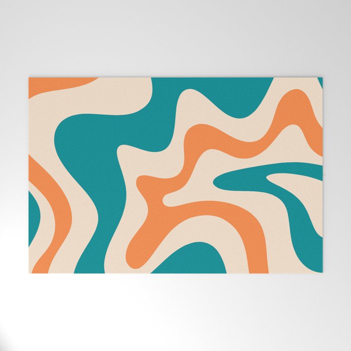 Retro Liquid Swirl Abstract Pattern Square in Teal Blue and Orange Welcome Mat Gallery Image 1