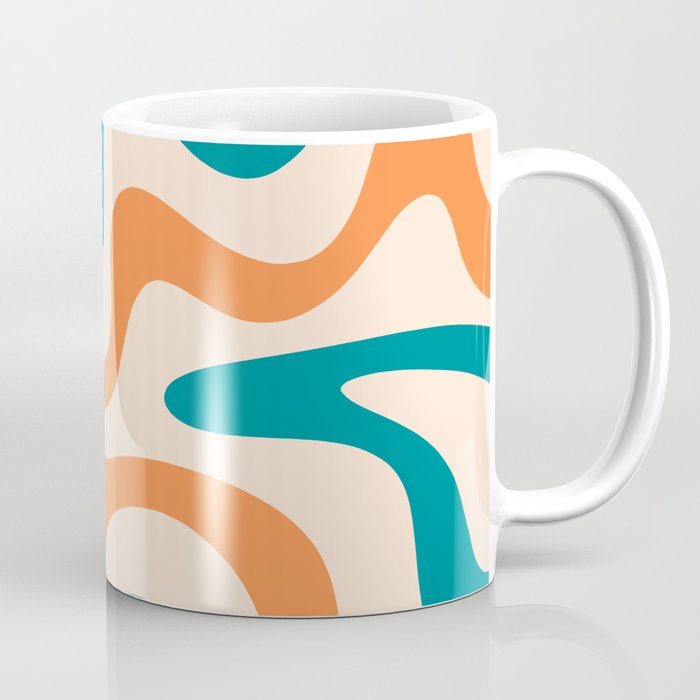 Retro Liquid Swirl Abstract Pattern Square in Teal Blue and Orange Coffee Mug Gallery Image 1