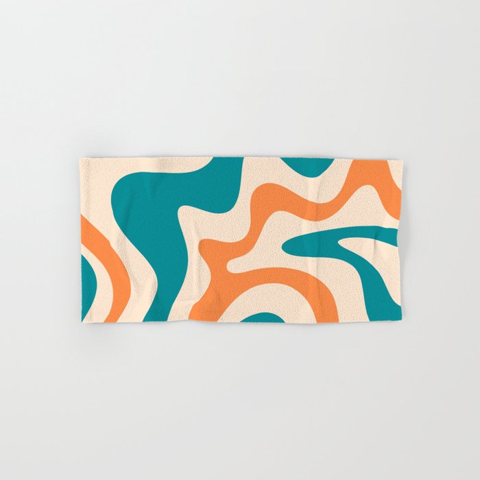 Retro Liquid Swirl Abstract Pattern Square in Teal Blue and Orange Bath Towel Gallery Image 1