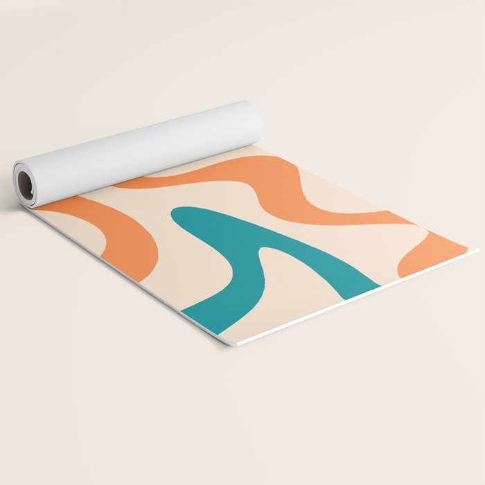 Retro Liquid Swirl Abstract Pattern Square in Teal Blue and Orange Yoga Mat Gallery Image 2