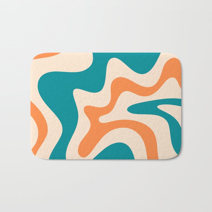 Retro Liquid Swirl Abstract Pattern Square in Teal Blue and Orange Bath Mat Gallery Image 1
