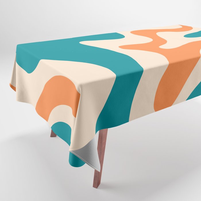 Retro Liquid Swirl Abstract Pattern Square in Teal Blue and Orange Tablecloth Gallery Image 1