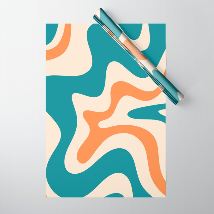 Retro Liquid Swirl Abstract Pattern Square in Teal Blue and Orange Wrapping Paper Gallery Image 1