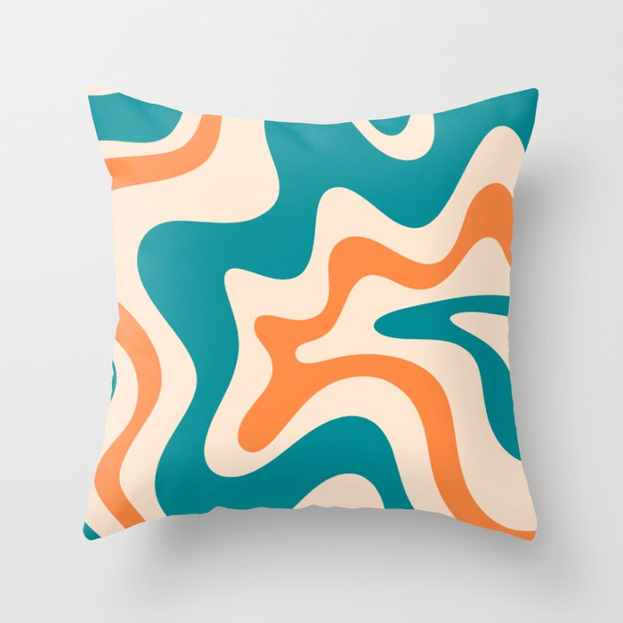 Retro Liquid Swirl Abstract Pattern Square in Teal Blue and Orange Throw Pillow Gallery Image 6
