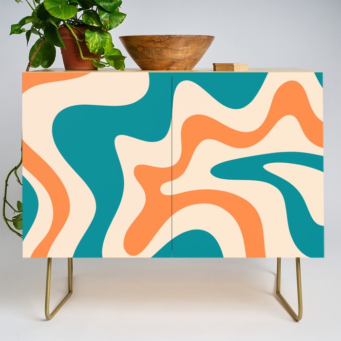 Retro Liquid Swirl Abstract Pattern Square in Teal Blue and Orange Credenza Gallery Image 1
