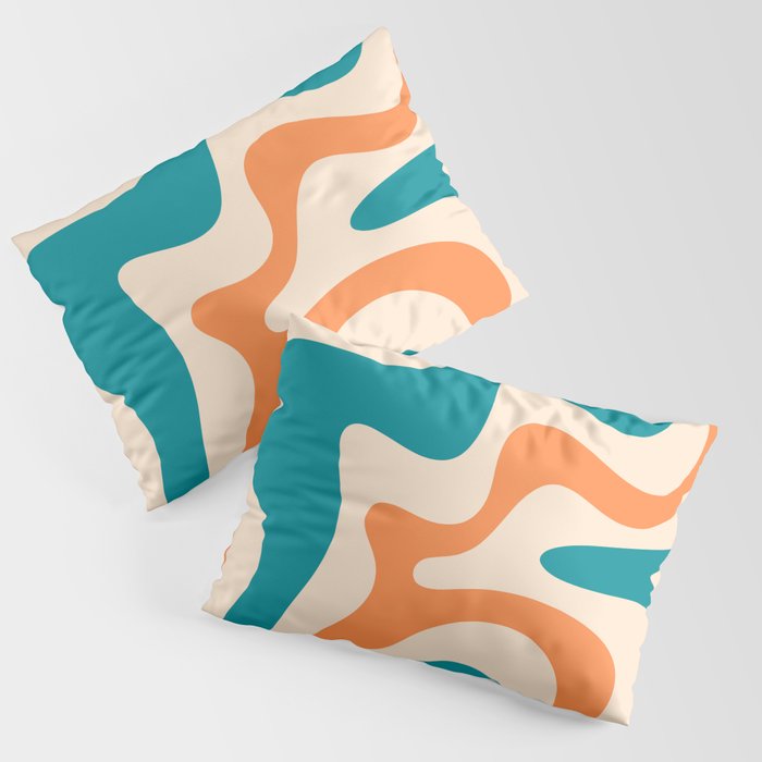 Retro Liquid Swirl Abstract Pattern Square in Teal Blue and Orange Pillow Sham Gallery Image 3