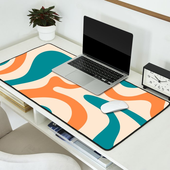 Retro Liquid Swirl Abstract Pattern Square in Teal Blue and Orange Desk Mat Gallery Image 2