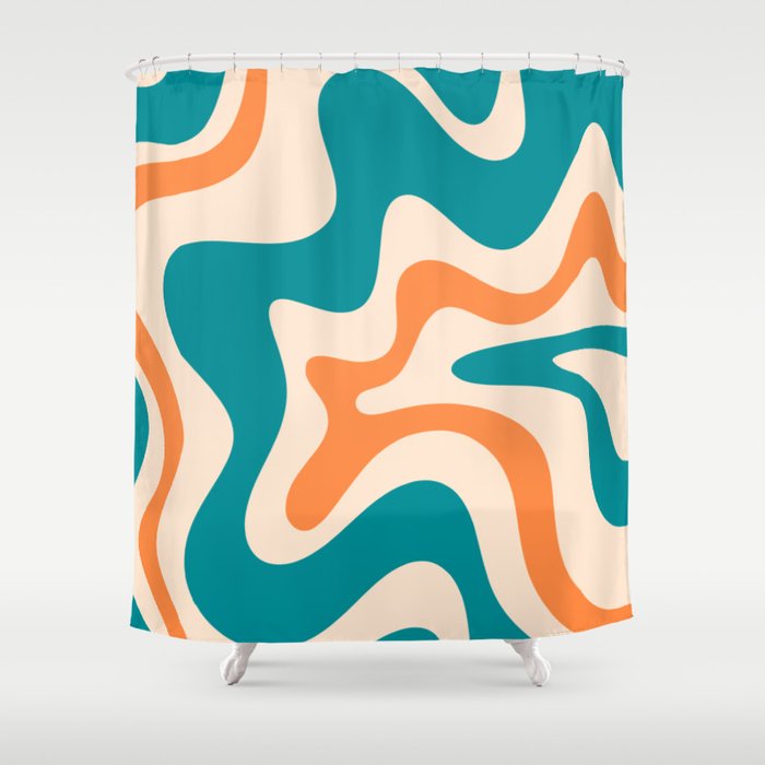 Retro Liquid Swirl Abstract Pattern Square in Teal Blue and Orange Shower Curtain Gallery Image 1