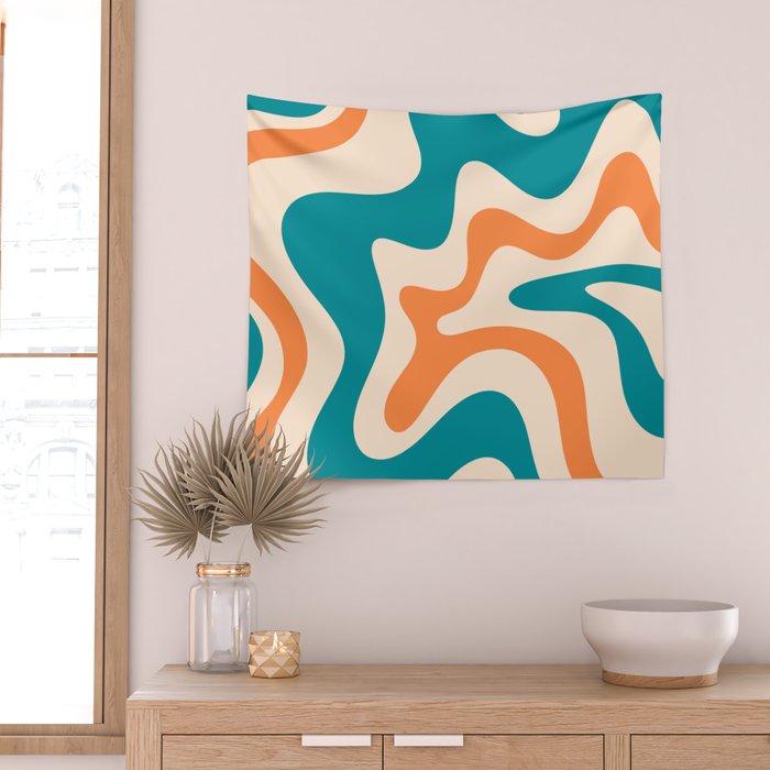 Retro Liquid Swirl Abstract Pattern Square in Teal Blue and Orange Wall Tapestry Gallery Image 2