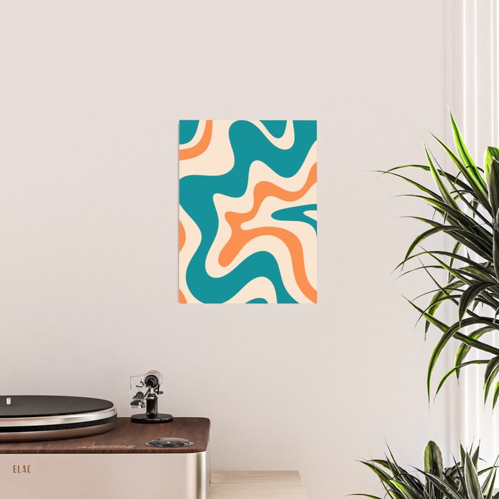 Retro Liquid Swirl Abstract Pattern Square in Teal Blue and Orange Poster Gallery Image 2