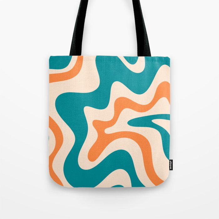 Retro Liquid Swirl Abstract Pattern Square in Teal Blue and Orange Tote Bag Gallery Image 1